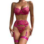 Mesh Embroidered Garter Lingerie Set (4 Pieces)