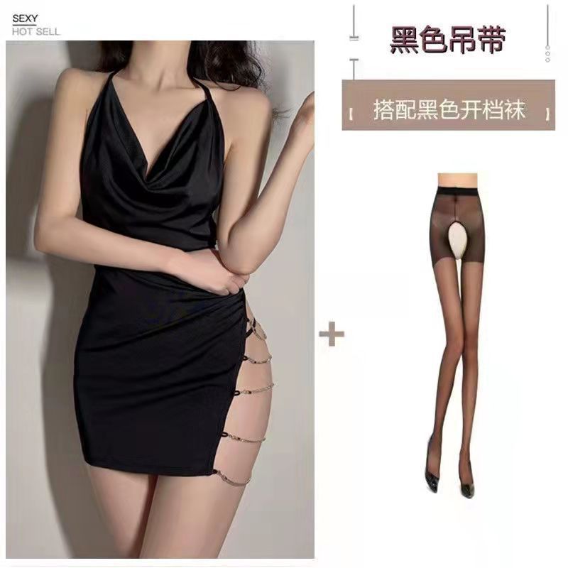 Sexy Lingerie, Sexy Chain Strap Nightgown, Passionate Temptation, Sexy Uniform, Deep V Strap, Open Crotch, No-Take-Off Set