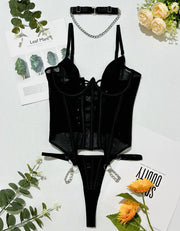 Mesh Fishbone Lace-Up Bodysuit with Thong
