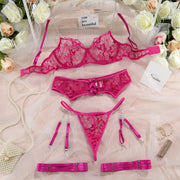Mesh Embroidered Garter Lingerie Set (4 Pieces)
