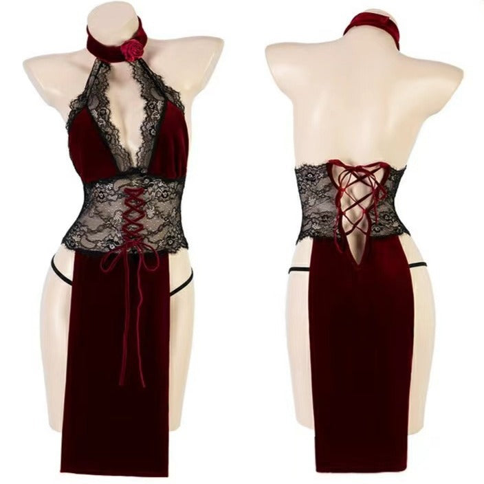 Plus Size Velvet Cheongsam Backless Lingerie Suit