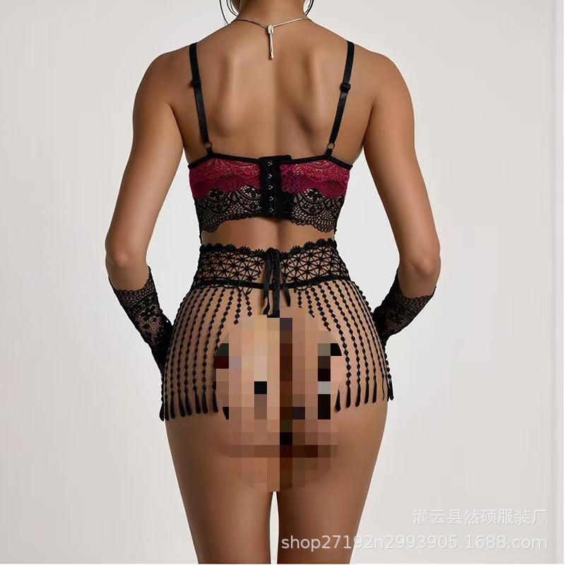 Sexy Lingerie, Black Silk Tassel Skirt, Lace Suit, Hot Girl's Passion, No Need to Take Off, Plus Size Fat Girl's Midnight Passion